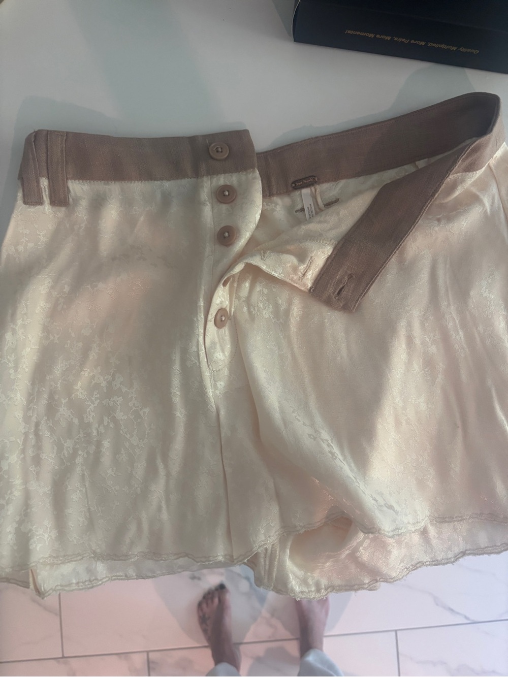 Free People Satin Jacquard Shorts in Ivory with Taupe Waistband